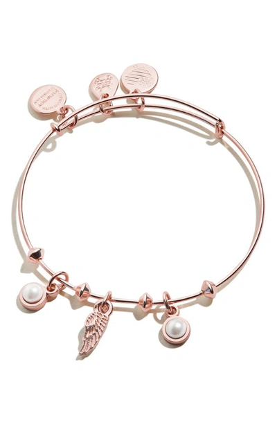 Alex And Ani Angel Wing & Simulation Pearl Expandable Wire Bangle In Shiny Rose Gold