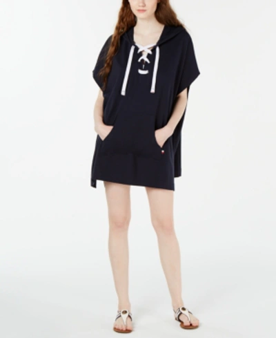 Tommy Hilfiger Lace-up Hooded Poncho Cover-up Women's Swimsuit In Sky Captain
