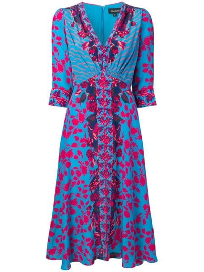 Saloni Eve Button-detailed Floral-print Silk Crepe De Chine Dress In Blue