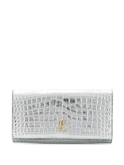 Jimmy Choo Martina Metallic Silver Croc-embossed Leather Wallet With Jc Emblem