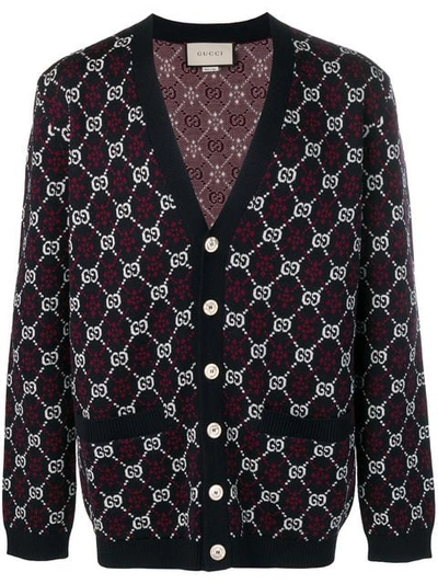 Gucci Gg Supreme Logo Jacquard Wool Cardigan In Blue