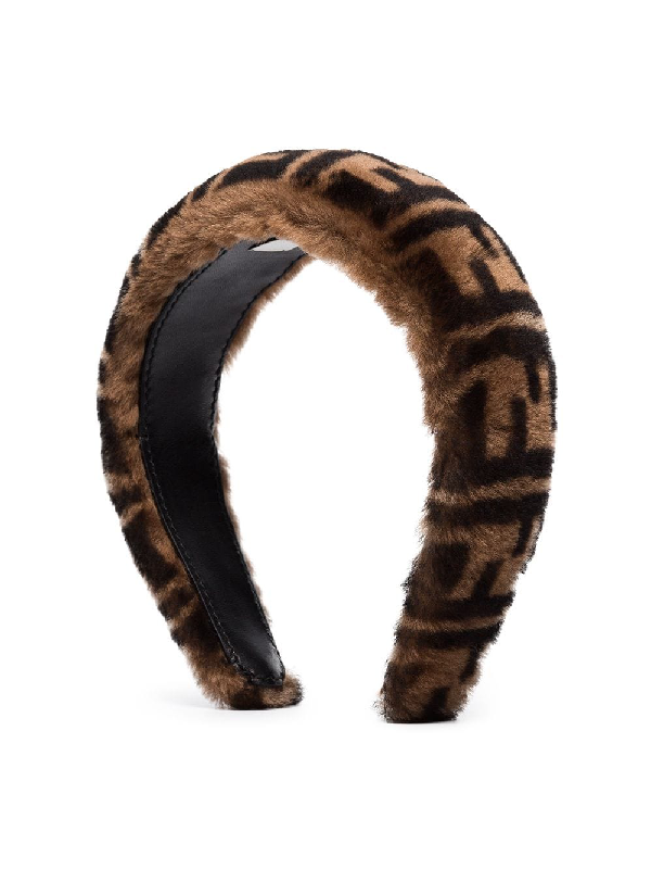Fendi All Over Logo Shearling Headband In Braun ModeSens