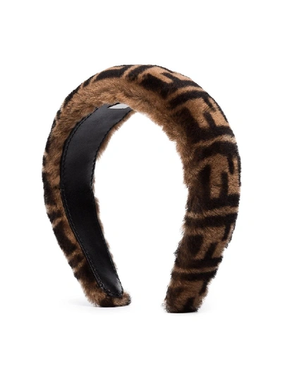 Fendi All Over Logo Shearling Headband In Braun