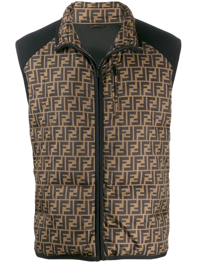 Fendi Printed Ff Logos Padded Gilet In Brown