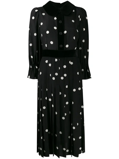 Dolce & Gabbana Bow-detailed Pleated Polka-dot Silk And Cotton-blend Midi Dress In Black