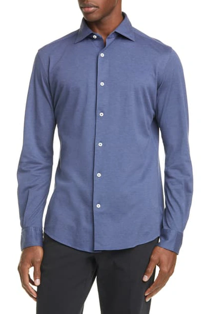 Ermenegildo Zegna Classic Fit Pique Cotton Button-up Shirt In Blue