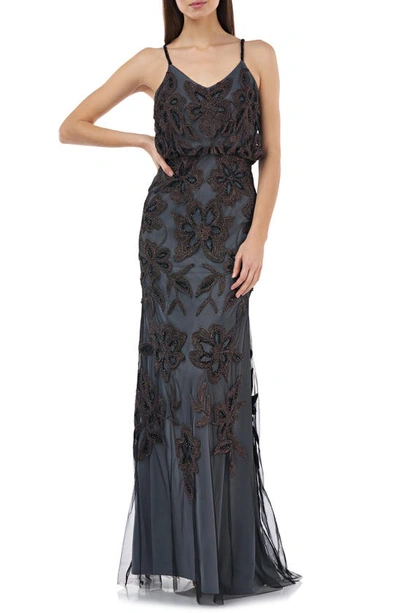 Js Collections Beaded Blouson Gown In Black/ Misty Lilac