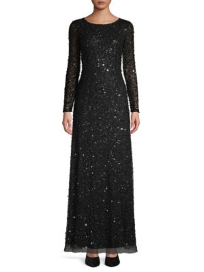 Adrianna Papell Sequin Long-sleeve Gown In Black