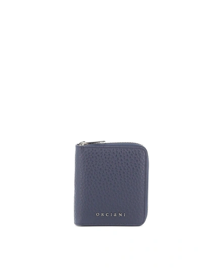 Orciani Navy Pebbled Leather Zip Around Wallet In Blue