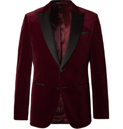 Hugo Boss Burgundy Helward Slim-fit Satin-trimmed Cotton-velvet Tuxedo Jacket In Black