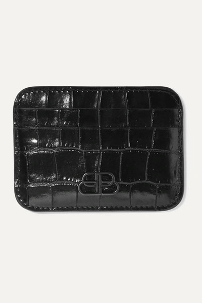 Balenciaga Bb Glossed Croc-effect Leather Cardholder In Black