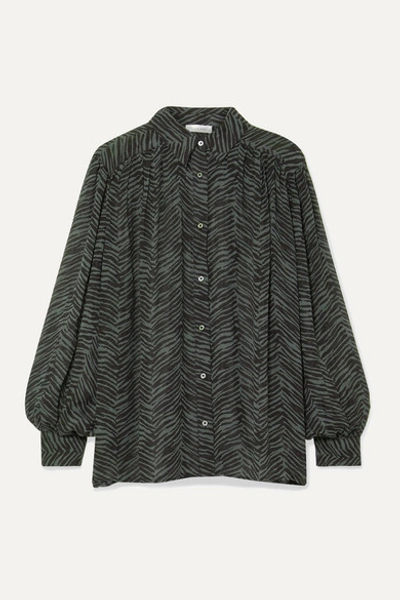 Anine Bing Caleb Oversized Animal-print Silk-crepon Blouse In Forest Green