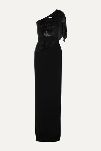 Safiyaa Meraki One-shoulder Crepe And Chainmail Gown In Black