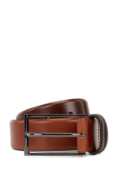 Hugo Boss Vegetable Tanned Leather Belt With Gunmetal Hardware In Brown