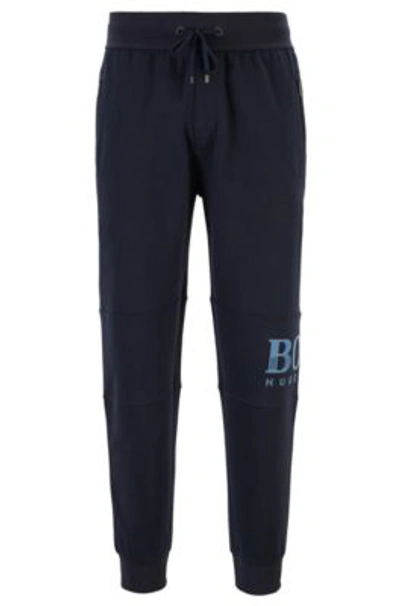 Hugo Boss Drawstring Loungewear Pants In Knitted Piqu With Textured Logo In Dark Blue