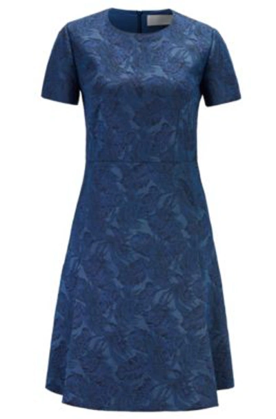 Hugo Boss Short-sleeved A-line Dress In Italian Jacquard Fabric In Blue