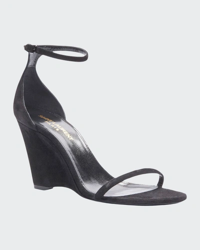 Saint Laurent Lila 85mm Suede Wedge Sandals In Black