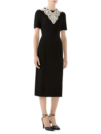 Gucci Short-sleeve Tweed Pencil Dress With Lace Placket In Black