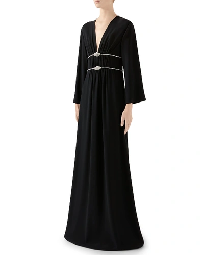 Gucci Long-sleeve Jersey V-neck Gown With Crystal Embroidered Waist In Black Pattern