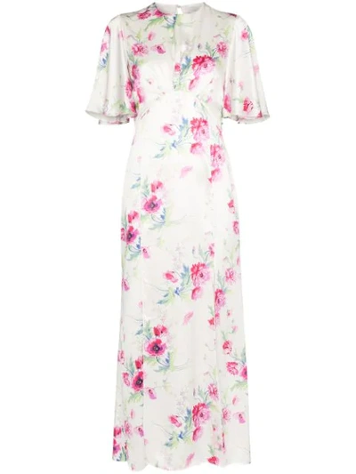 Les Rêveries Flutter-sleeve Split-front Floral Dress In White
