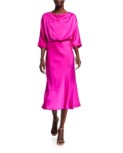 Milly Dia Cowl-neck 1/2-sleeve Stretch Silk Midi Dress In Fuchsia