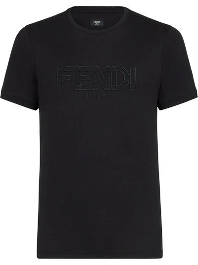 Fendi Logo-embroidered Cotton-jersey T-shirt In Black