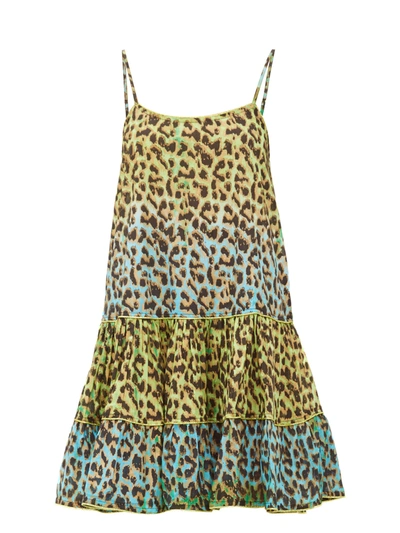 Juliet Dunn Leopard-print Ruffled-hem Cotton Dress In Turquoise/green Leopard
