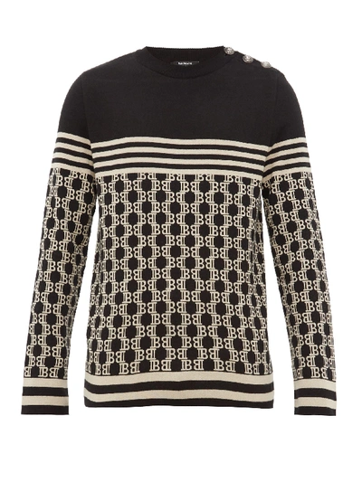 Balmain Monogram-jacquard Buttoned Cotton Sweater In Black