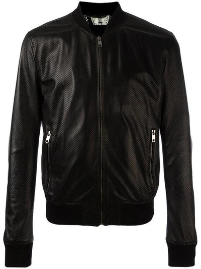 Dolce & Gabbana Perforated Leather Bomber Jacket In Black