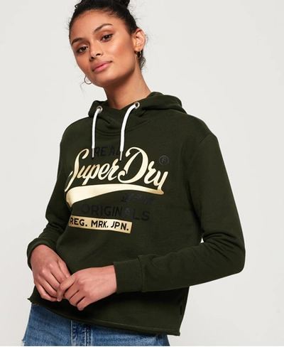 Superdry Real Originals Satin College Crop Hoodie In Khaki