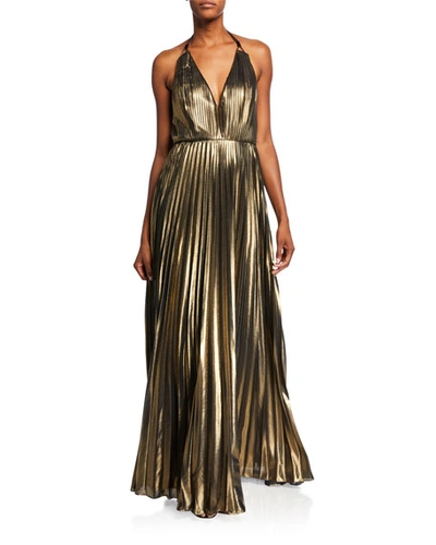 Aidan Mattox Pleated Foiled Chiffon Halter Gown In Gold