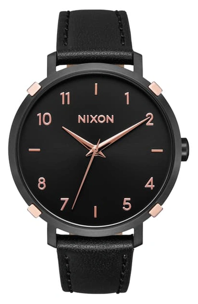 Nixon The Arrow Leather Strap Watch, 38mm In Black/ Rose Gold/ Black