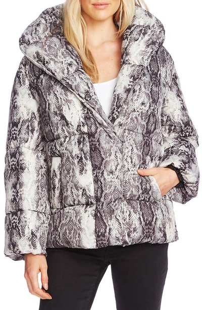 Vince Camuto Demure Snake Print Hooded Puffer Coat In Rich Black