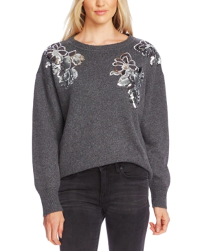 Vince Camuto Sequin Floral Cotton Blend Sweater In Medium Heather Grey