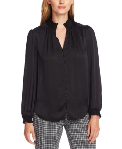 Vince Camuto Textured Smock Detail Long Sleeve Blouse In Rich Black