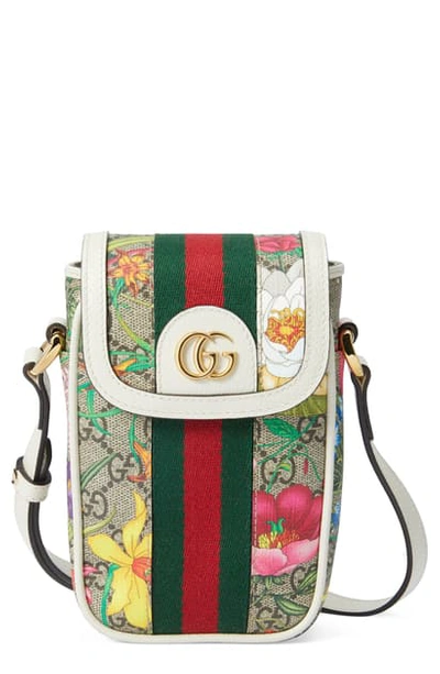 Gucci Ophidia Flora Gg Supreme Canvas Shoulder Bag In Beige Ebony/ Mystic White/red