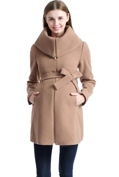 Kimi & Kai Mia Maternity Wool Blend Fold Collar Coat In Sand