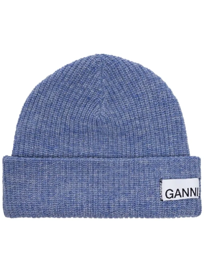 Ganni Logo Patch Knit Beanie In Blue
