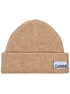 Ganni Logo Patch Knit Beanie In Neutrals