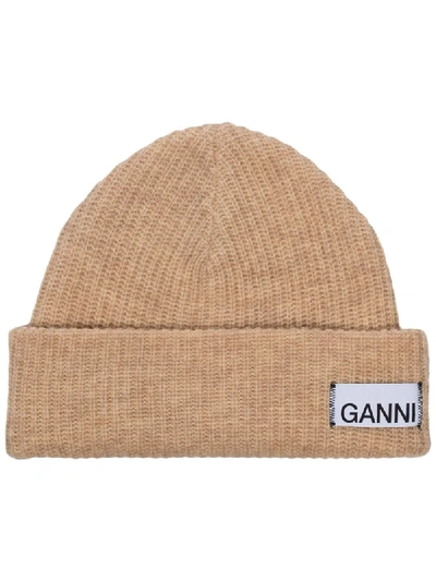 Ganni Logo Patch Knit Beanie In Neutrals