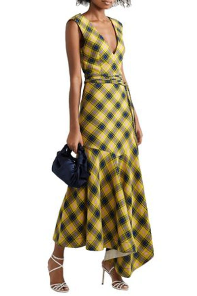 Derek Lam Asymmetric Checked Cotton And Wool-blend Dress In Yellow