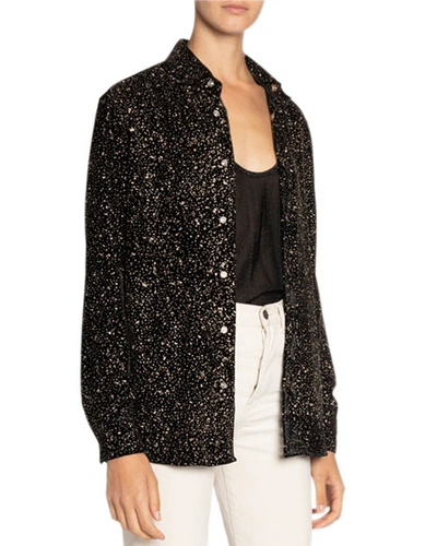 Saint Laurent Oversized Glitter Snap Button Shirt In Devore Velvet In Black