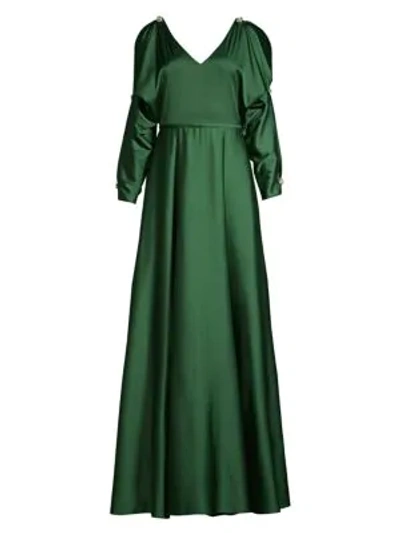 Basix Black Label Long-sleeve V-neck Gown In Dark Emerald Green