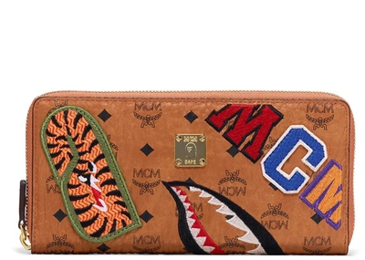 Pre-owned Mcm X Bape Shark Zip Around Wallet Visetos Large Cognac | ModeSens