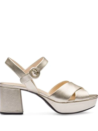 Prada Metallic Saffiano-leather Platform Sandals In Gold