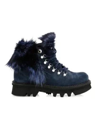 Montelliana 1965 Aurora Fox Fur-trim, Shearling-lined Suede Hiking Boots In Blue