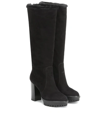 Gianvito Rossi Suede Block-heel Lined Knee Boots In Black