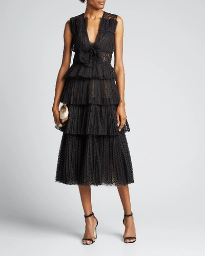J Mendel Tiered Dotted-tulle Cocktail Dress In Black