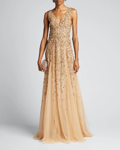 J Mendel Embroidered-tulle Sleeveless Gown In Gold