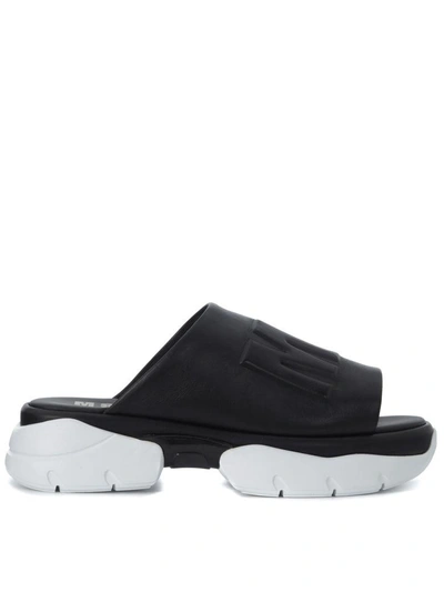 Msgm Black Leather Slippers In Nero